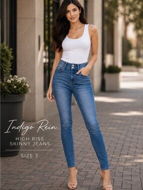 Indigo Rein High Rise Skinny Jeans Blue Double Button Juniors Size 3